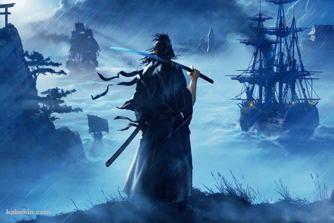 高台から帆船を眺める刀を持つ侍 / かっこいい / 武士の壁紙(1152px x 768px) 高画質 PC・デスクトップ用