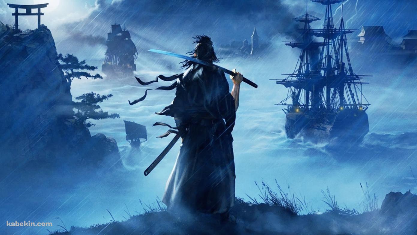高台から帆船を眺める刀を持つ侍 / かっこいい / 武士の壁紙(1391px x 783px) 高画質 PC・デスクトップ用