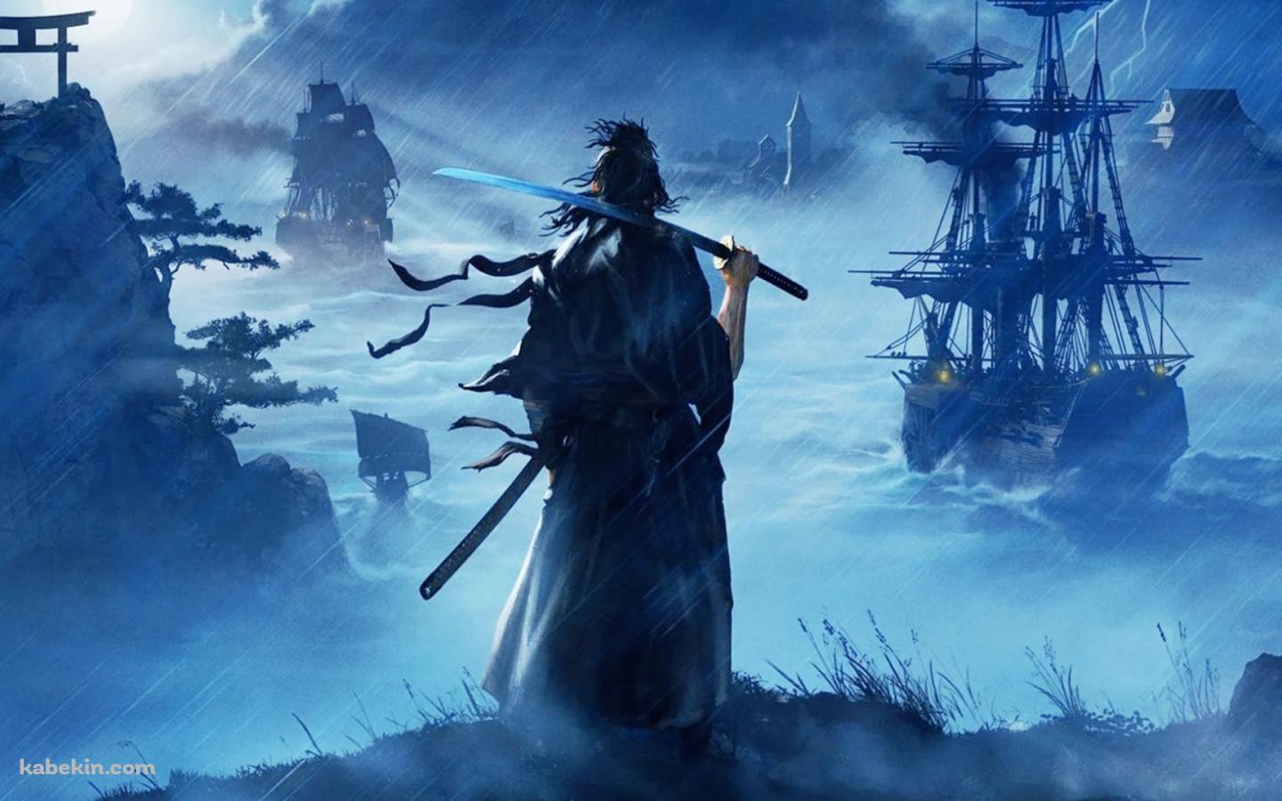 高台から帆船を眺める刀を持つ侍 / かっこいい / 武士の壁紙(1440px x 900px) 高画質 PC・デスクトップ用