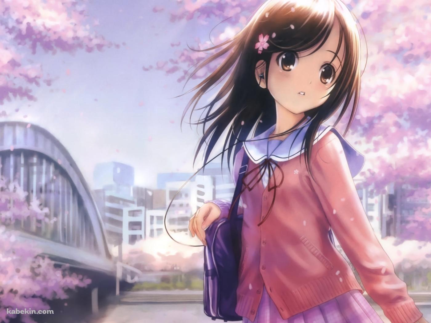 桜と女子中学生 / 花飾りの壁紙(1400px x 1050px) 高画質 PC・デスクトップ用