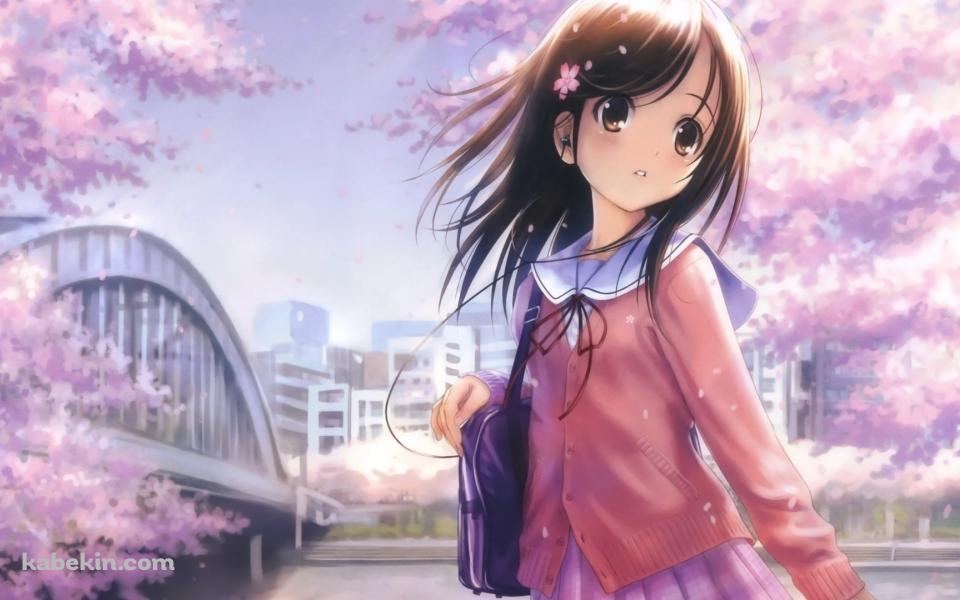 桜と女子中学生 / 花飾りの壁紙(960px x 600px) 高画質 PC・デスクトップ用