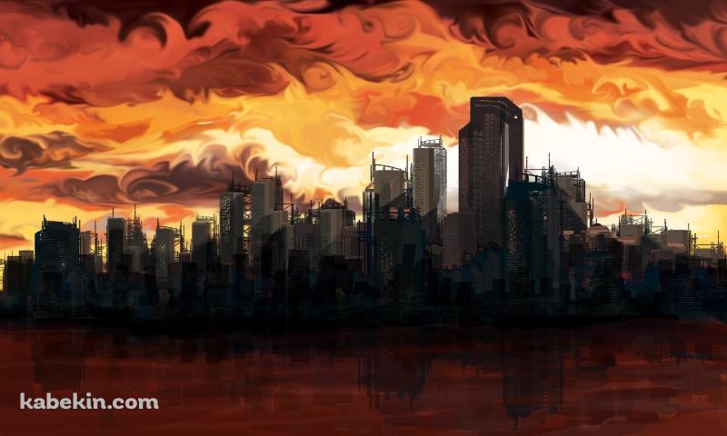 赤く染まる海沿いの大都会の壁紙(800px x 480px) 高画質 PC・デスクトップ用