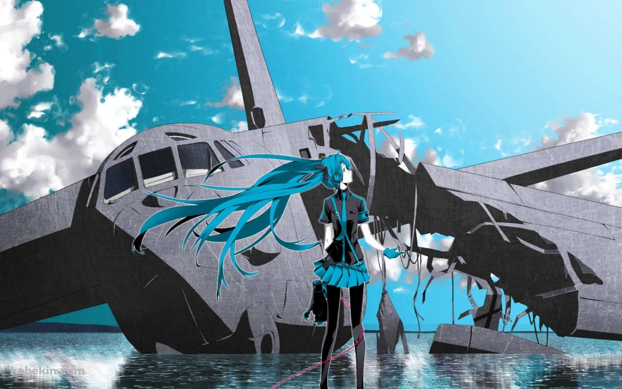 壊れた飛行機と初音ミクの壁紙(1280px x 800px) 高画質 PC・デスクトップ用