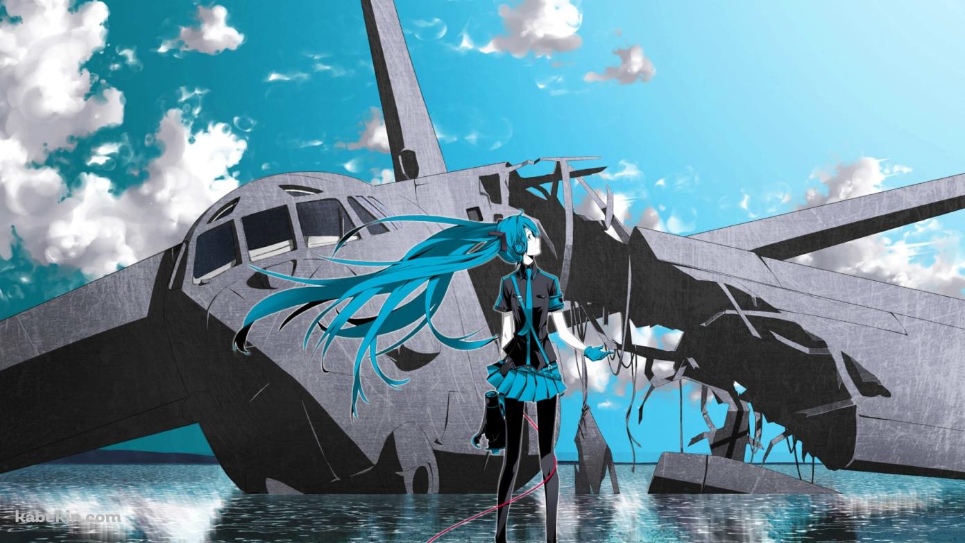 壊れた飛行機と初音ミクの壁紙(1391px x 783px) 高画質 PC・デスクトップ用