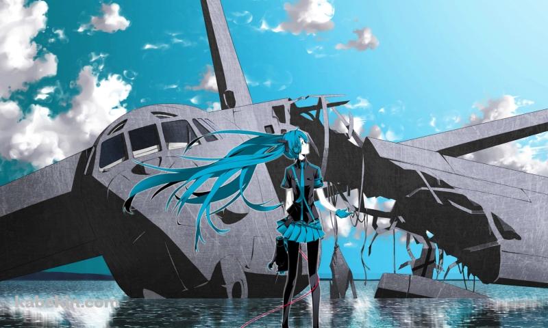 壊れた飛行機と初音ミクの壁紙(800px x 480px) 高画質 PC・デスクトップ用