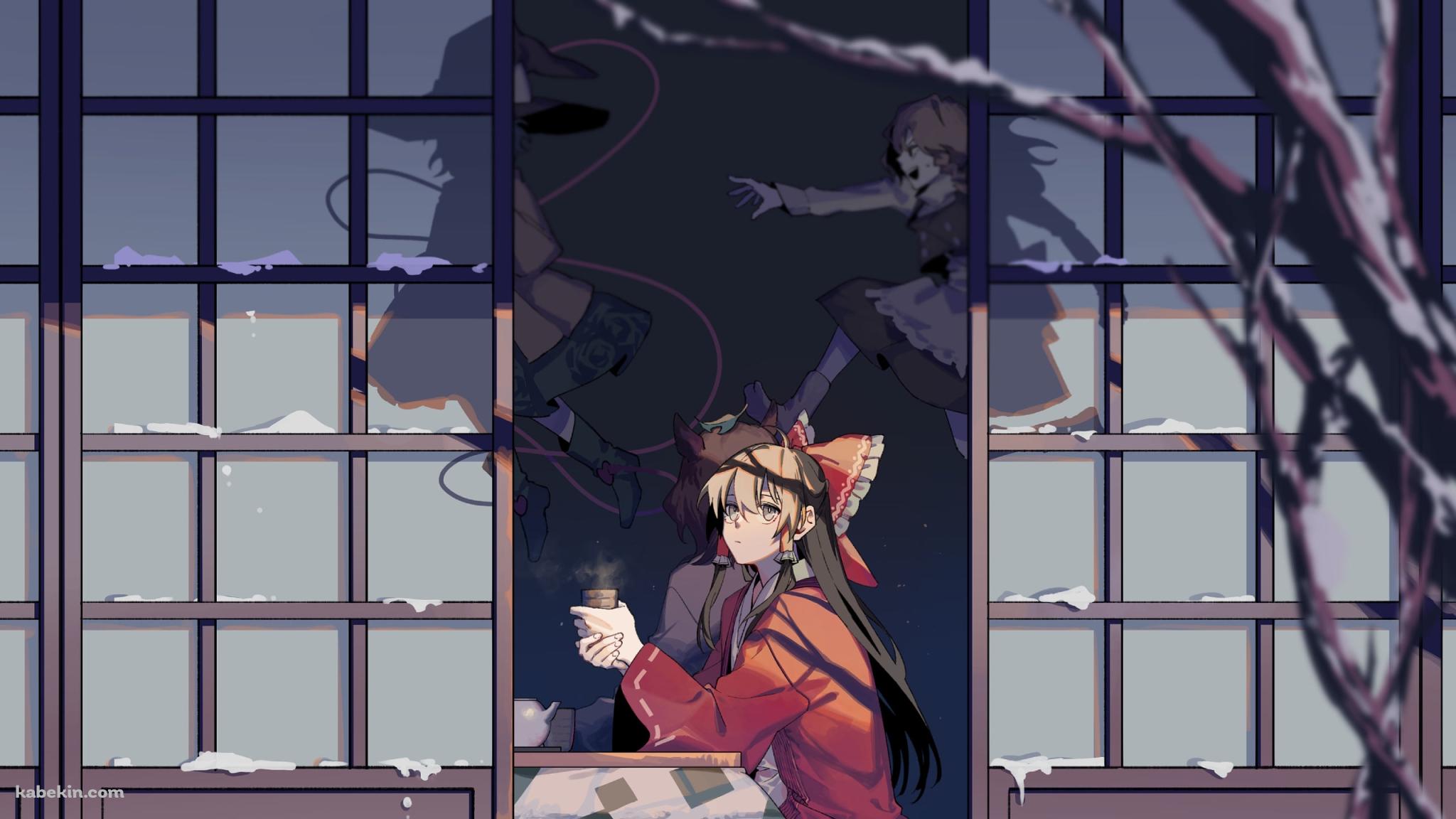 コタツで外の景色を見る博麗霊夢 / 霧雨魔理沙 / 古明地こいし / 二ッ岩マミゾウ / 東方の壁紙(2048px x 1152px) 高画質 PC・デスクトップ用