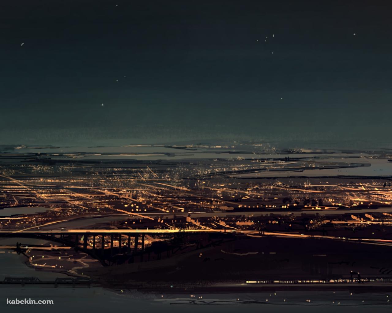 夜、ネオンが綺麗な海沿いの都会 / 電車 / 星空の壁紙(1280px x 1024px) 高画質 PC・デスクトップ用