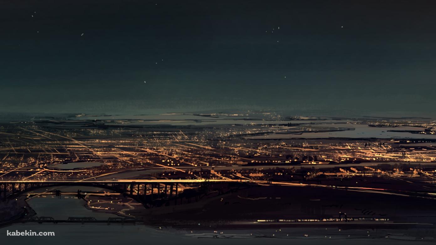 夜、ネオンが綺麗な海沿いの都会 / 電車 / 星空の壁紙(1391px x 783px) 高画質 PC・デスクトップ用