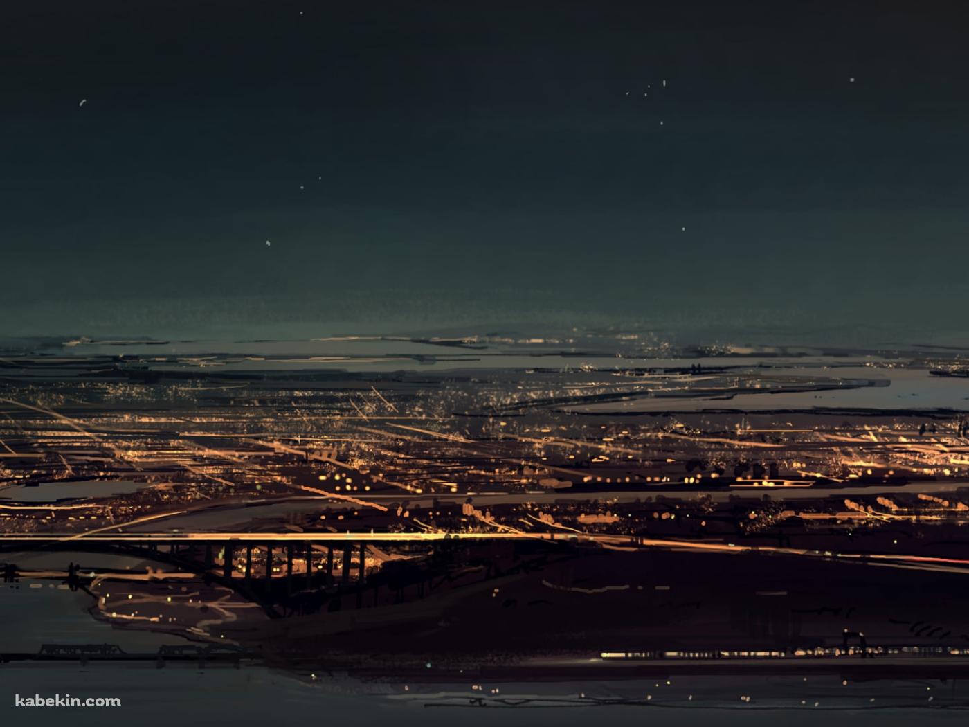 夜、ネオンが綺麗な海沿いの都会 / 電車 / 星空の壁紙(1400px x 1050px) 高画質 PC・デスクトップ用