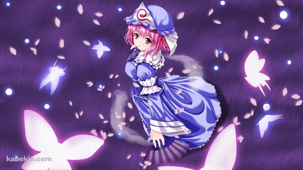 ピンクと紫の光る蝶を見つめる西行寺幽々子 / 東方の壁紙(1024px x 576px) 高画質 PC・デスクトップ用