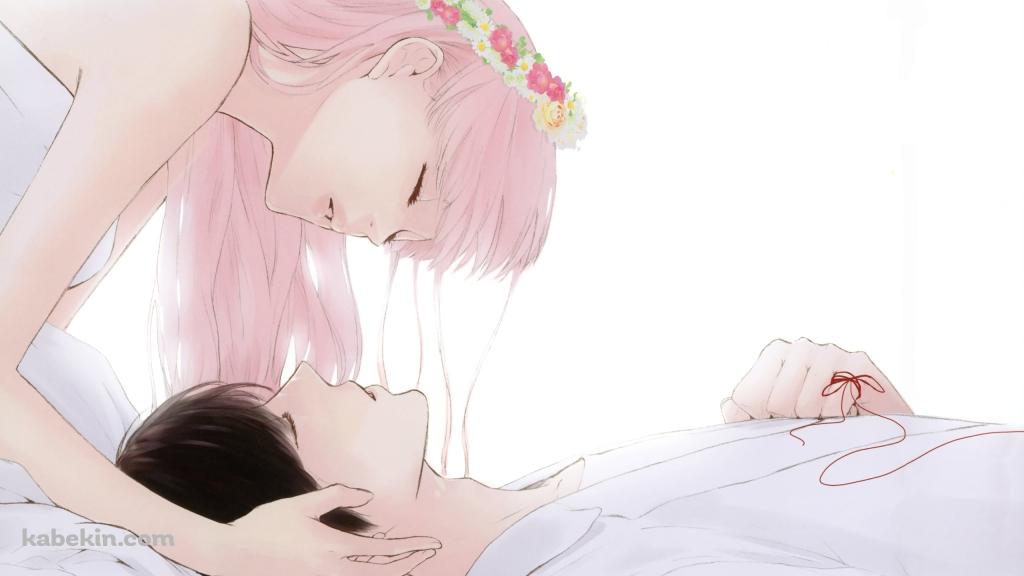 寝そべる男性の頭を持つ巡音ルカ / ボーカロイドの壁紙(1024px x 576px) 高画質 PC・デスクトップ用