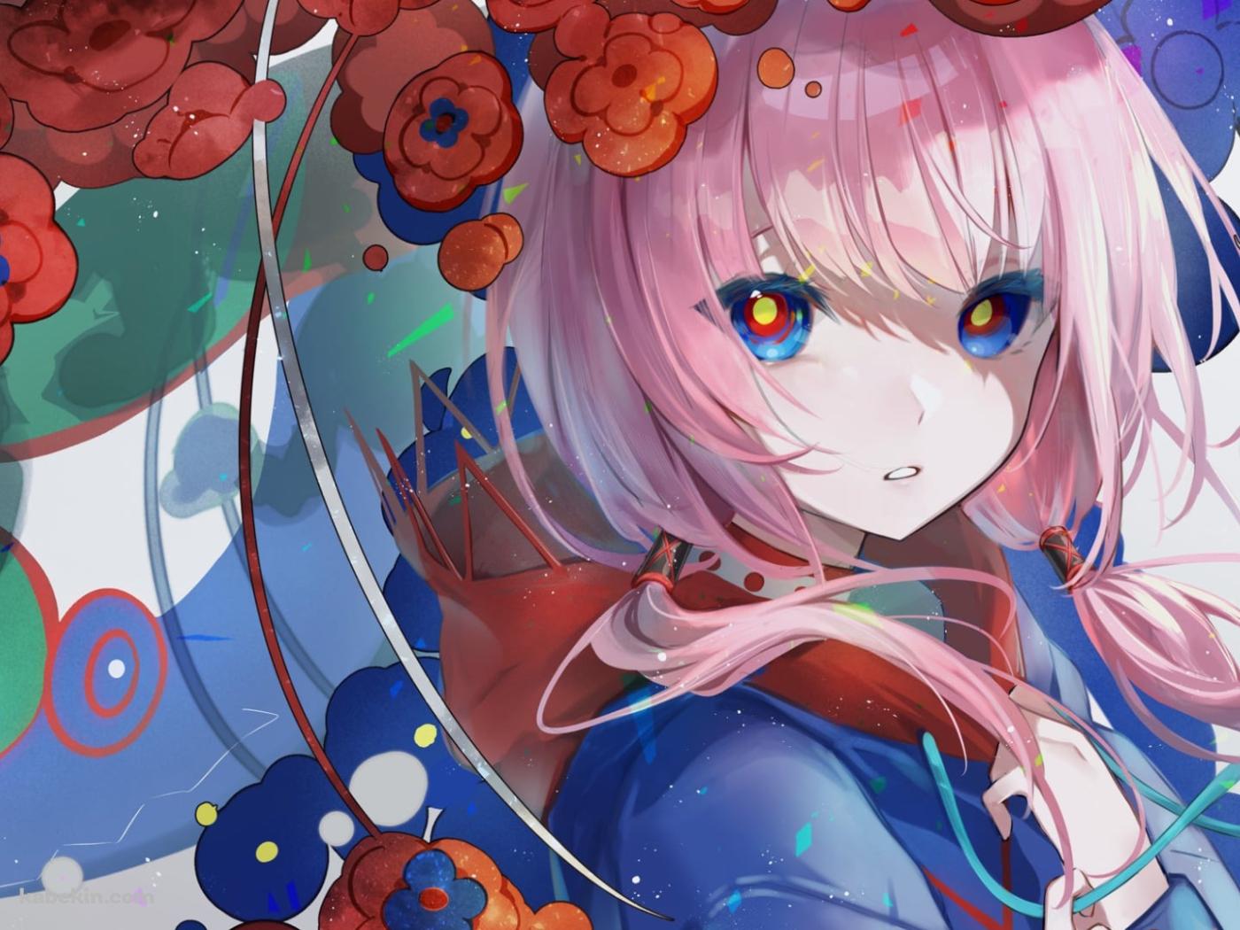 赤い花とこちらを見つめる花譜 / バーチャルYouTuberの壁紙(1400px x 1050px) 高画質 PC・デスクトップ用