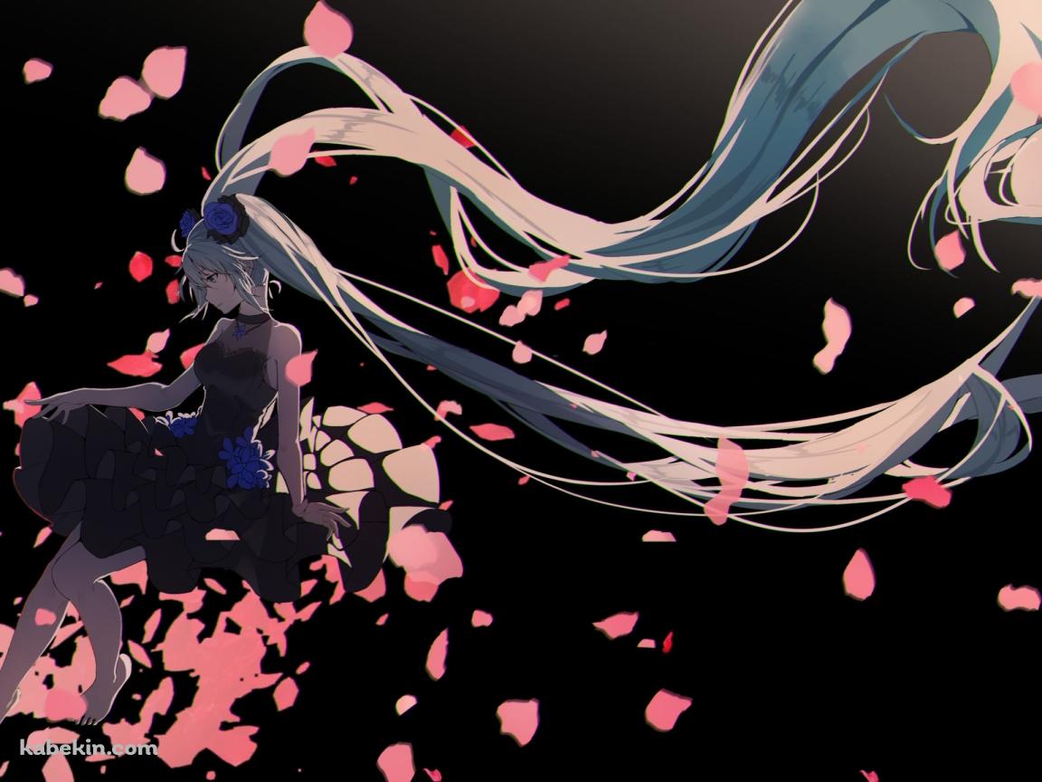 ピンクの花びらと黒いドレスを着た初音ミク / ボカロの壁紙(1152px x 864px) 高画質 PC・デスクトップ用