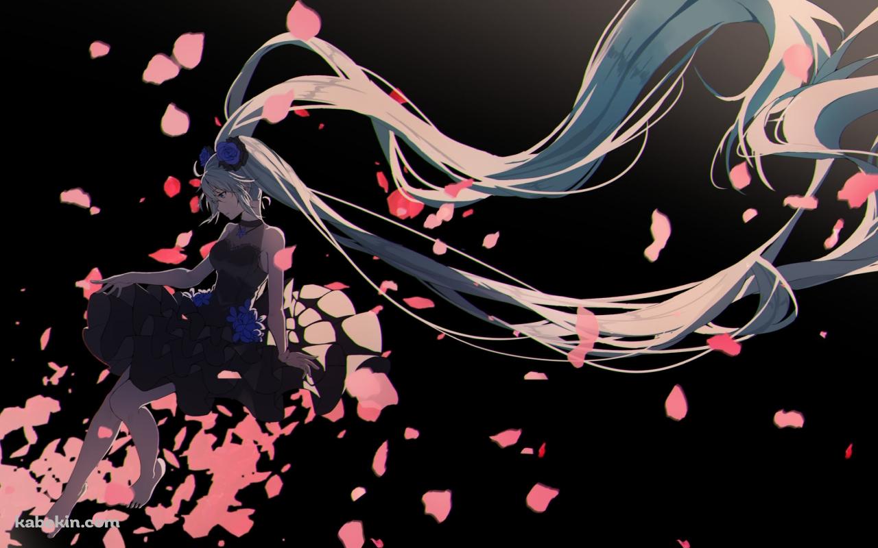 ピンクの花びらと黒いドレスを着た初音ミク / ボカロの壁紙(1280px x 800px) 高画質 PC・デスクトップ用