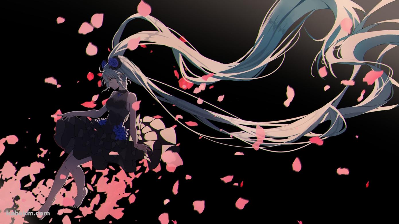 ピンクの花びらと黒いドレスを着た初音ミク / ボカロの壁紙(1391px x 783px) 高画質 PC・デスクトップ用