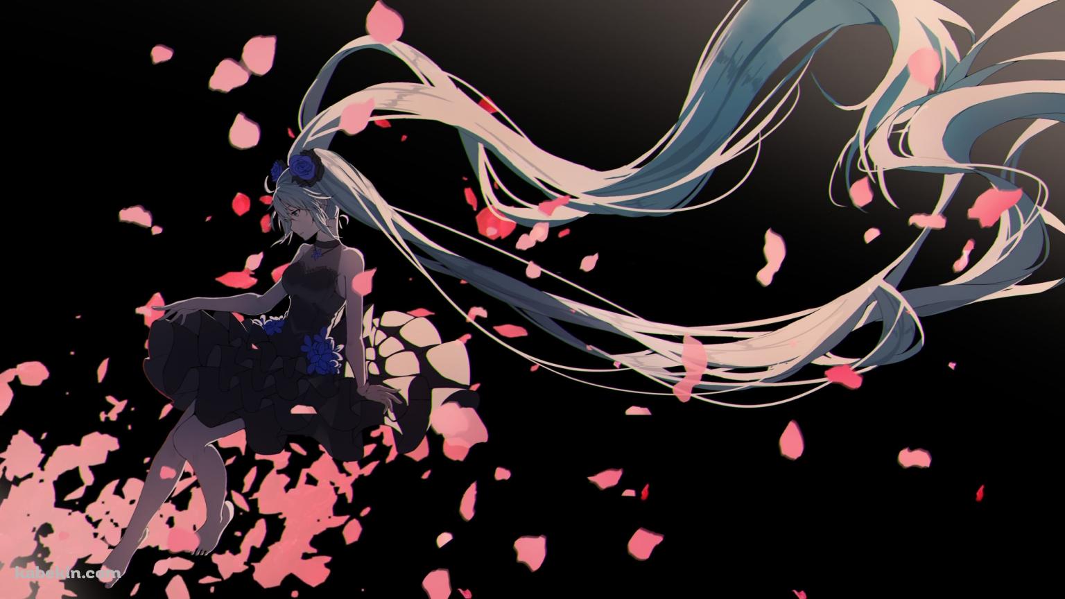 ピンクの花びらと黒いドレスを着た初音ミク / ボカロの壁紙(1536px x 864px) 高画質 PC・デスクトップ用