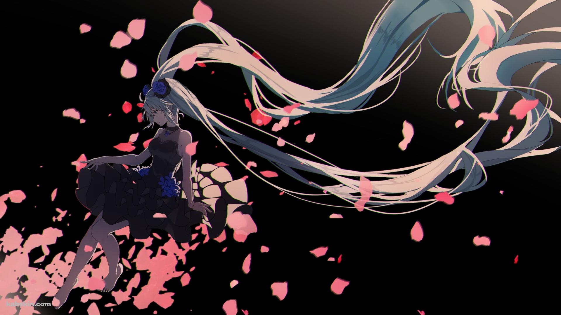 ピンクの花びらと黒いドレスを着た初音ミク / ボカロの壁紙(1920px x 1080px) 高画質 PC・デスクトップ用