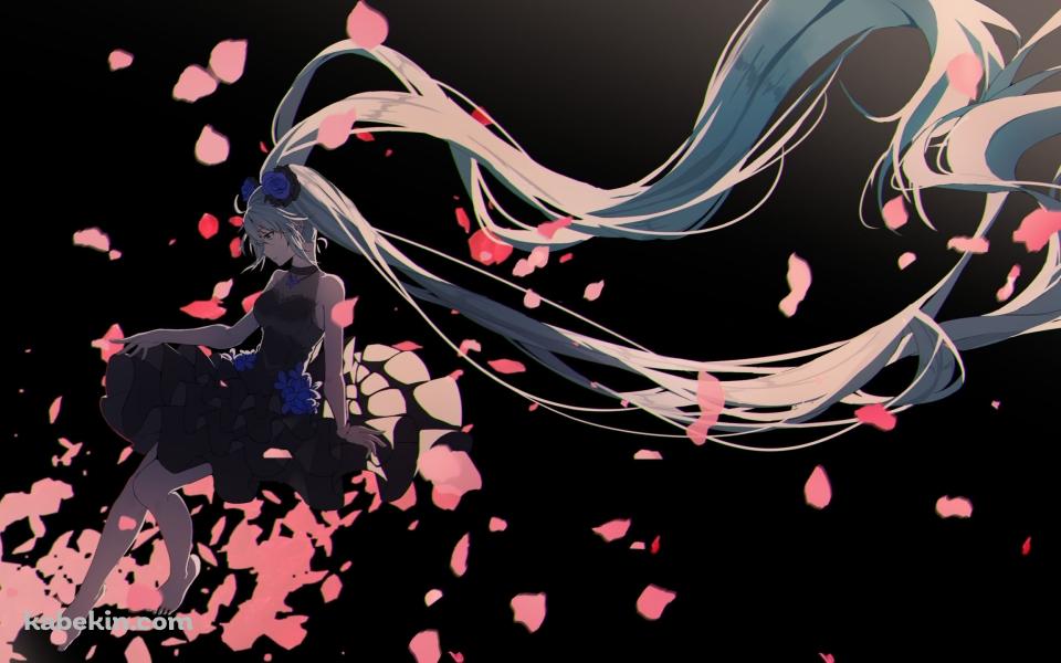 ピンクの花びらと黒いドレスを着た初音ミク / ボカロの壁紙(960px x 600px) 高画質 PC・デスクトップ用