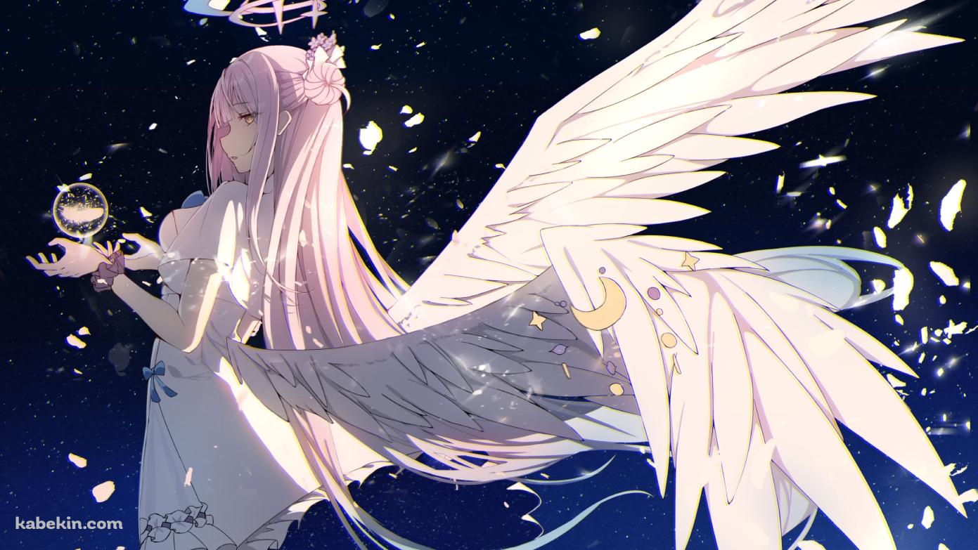 星空とこちらを見つめる白い翼が生えた聖園ミカ / ブルアカの壁紙(1391px x 783px) 高画質 PC・デスクトップ用