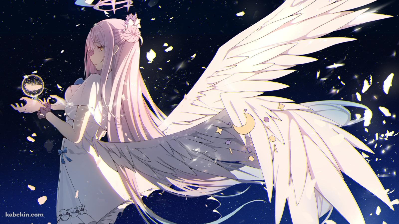 星空とこちらを見つめる白い翼が生えた聖園ミカ / ブルアカの壁紙(1600px x 900px) 高画質 PC・デスクトップ用