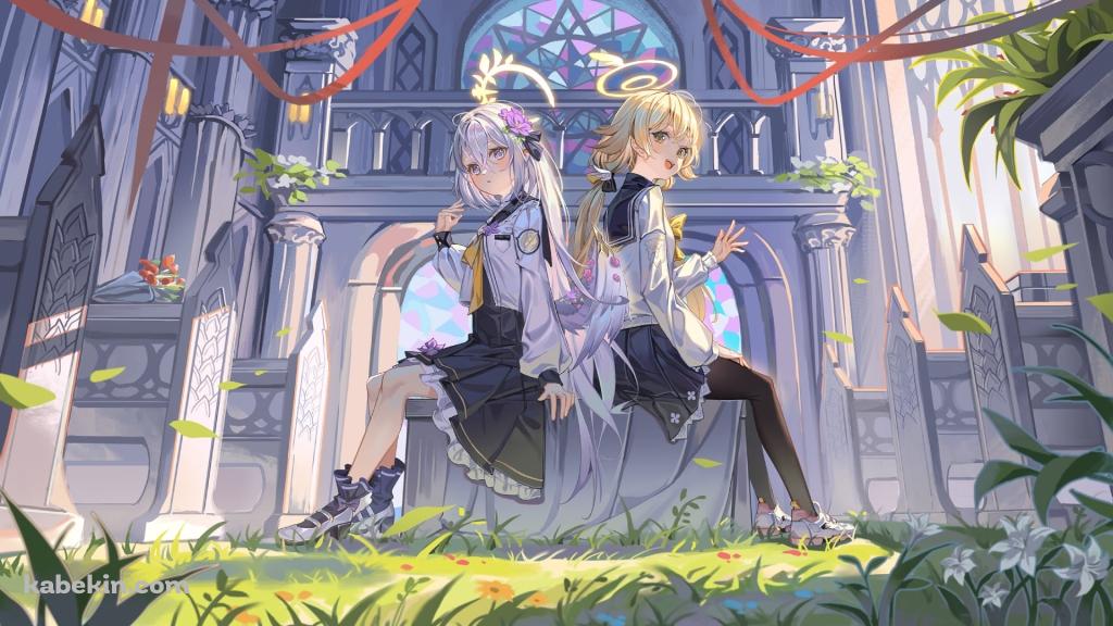 背中合わせに座る阿慈谷ヒフミと白洲アズサ / ブルーアーカイブの壁紙(1024px x 576px) 高画質 PC・デスクトップ用