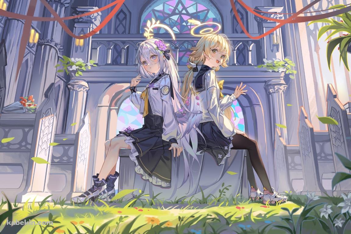 背中合わせに座る阿慈谷ヒフミと白洲アズサ / ブルーアーカイブの壁紙(1152px x 768px) 高画質 PC・デスクトップ用