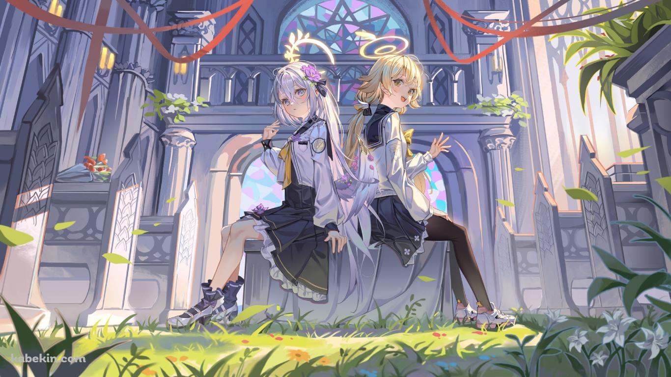 背中合わせに座る阿慈谷ヒフミと白洲アズサ / ブルーアーカイブの壁紙(1366px x 768px) 高画質 PC・デスクトップ用