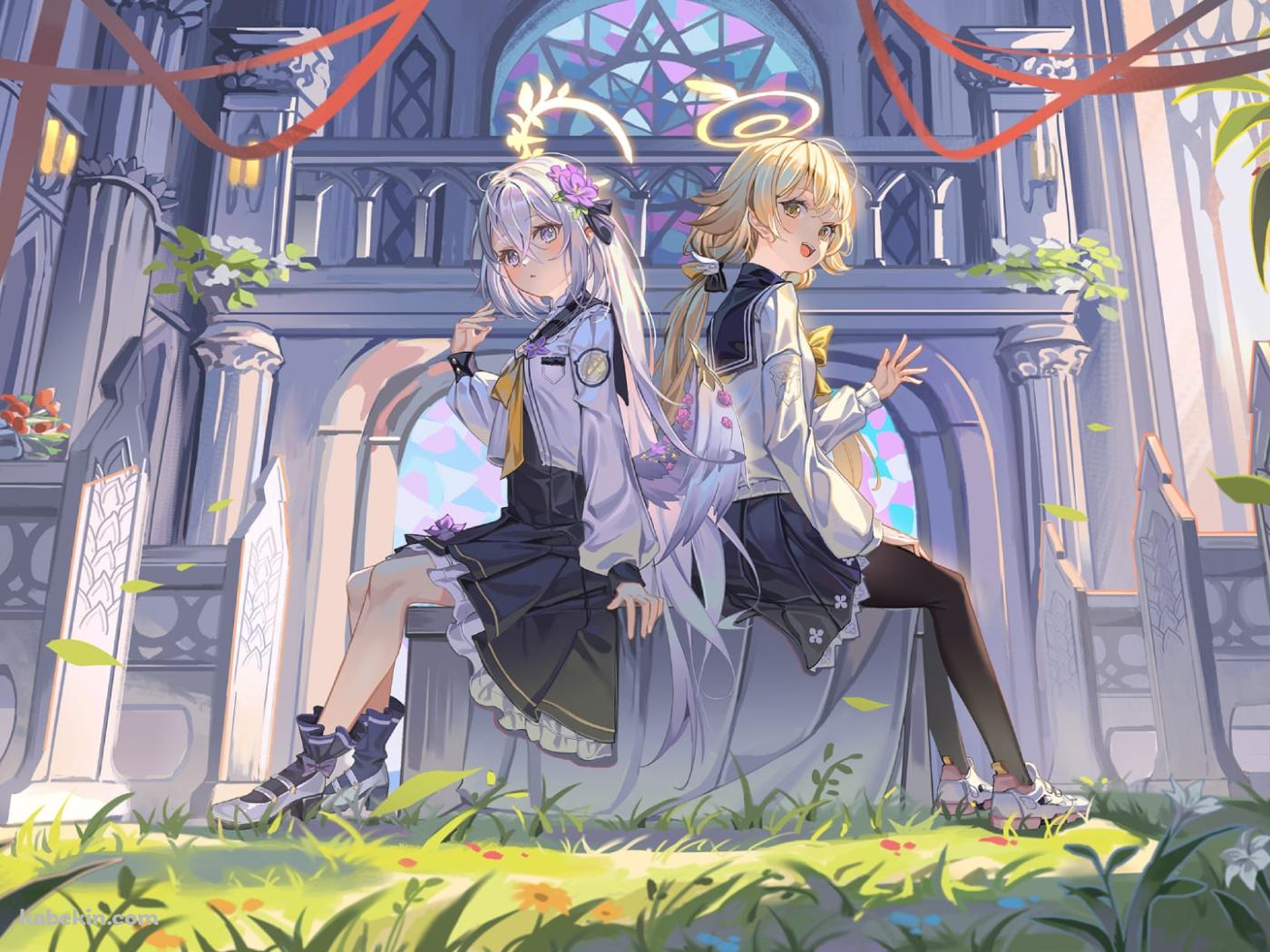 背中合わせに座る阿慈谷ヒフミと白洲アズサ / ブルーアーカイブの壁紙(1400px x 1050px) 高画質 PC・デスクトップ用
