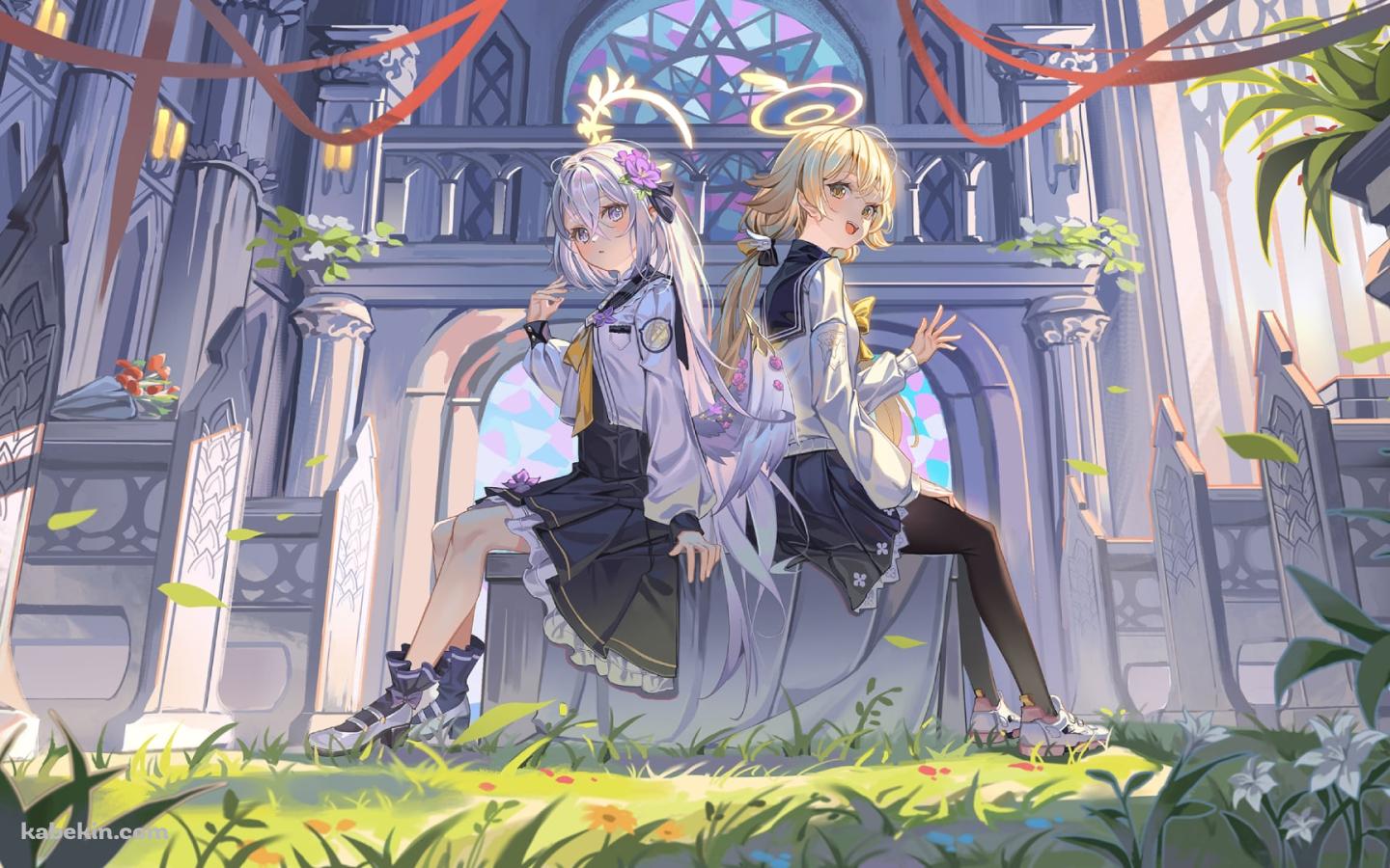 背中合わせに座る阿慈谷ヒフミと白洲アズサ / ブルーアーカイブの壁紙(1440px x 900px) 高画質 PC・デスクトップ用