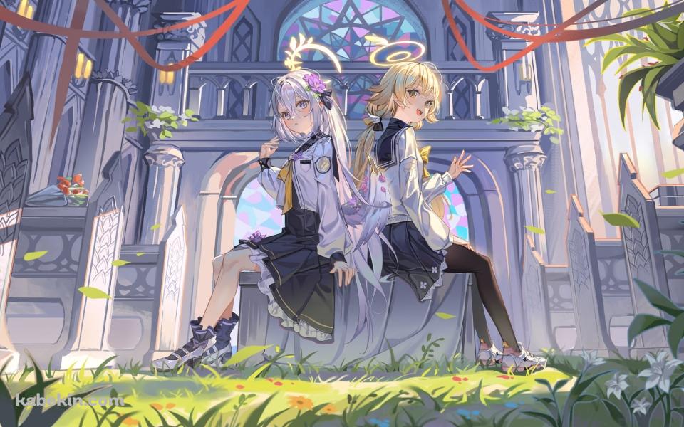 背中合わせに座る阿慈谷ヒフミと白洲アズサ / ブルーアーカイブの壁紙(960px x 600px) 高画質 PC・デスクトップ用