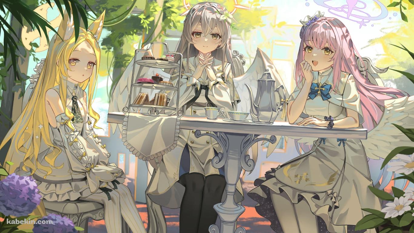 白いテーブルでお茶をする可愛い聖園ミカ / 百合園セイア / 桐藤ナギサ / サンドウィッチ / ブルーアーカイブの壁紙(1366px x 768px) 高画質 PC・デスクトップ用