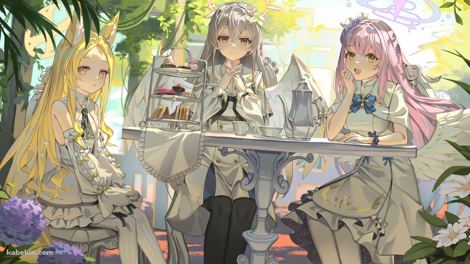 白いテーブルでお茶をする可愛い聖園ミカ / 百合園セイア / 桐藤ナギサ / サンドウィッチ / ブルーアーカイブの壁紙(1536px x 864px) 高画質 PC・デスクトップ用