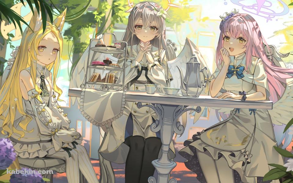 白いテーブルでお茶をする可愛い聖園ミカ / 百合園セイア / 桐藤ナギサ / サンドウィッチ / ブルーアーカイブの壁紙(960px x 600px) 高画質 PC・デスクトップ用