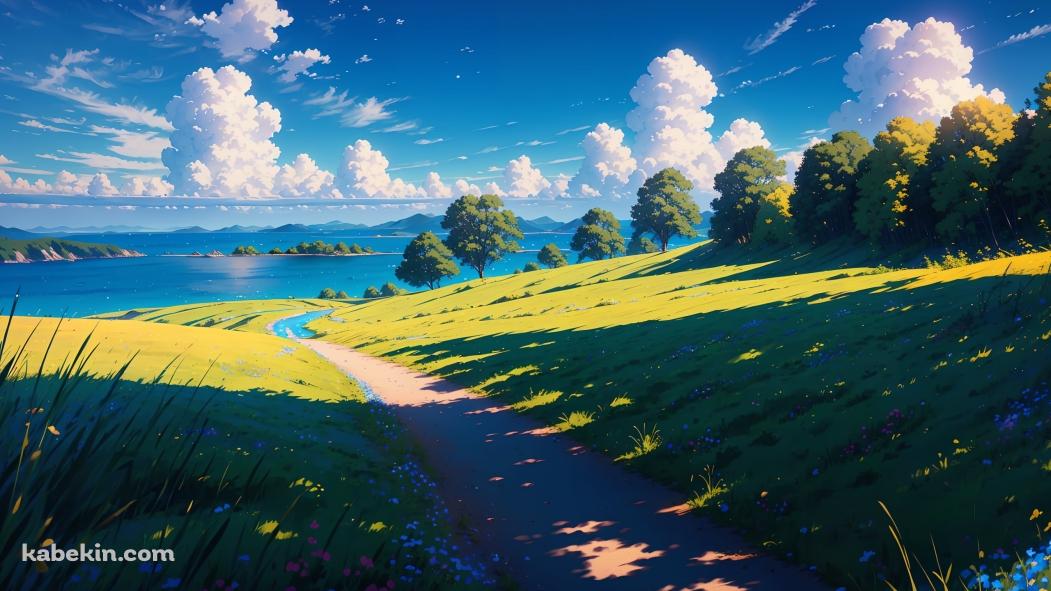 影のある湖へ続く道 / 夏の風景の壁紙(1051px x 591px) 高画質 PC・デスクトップ用