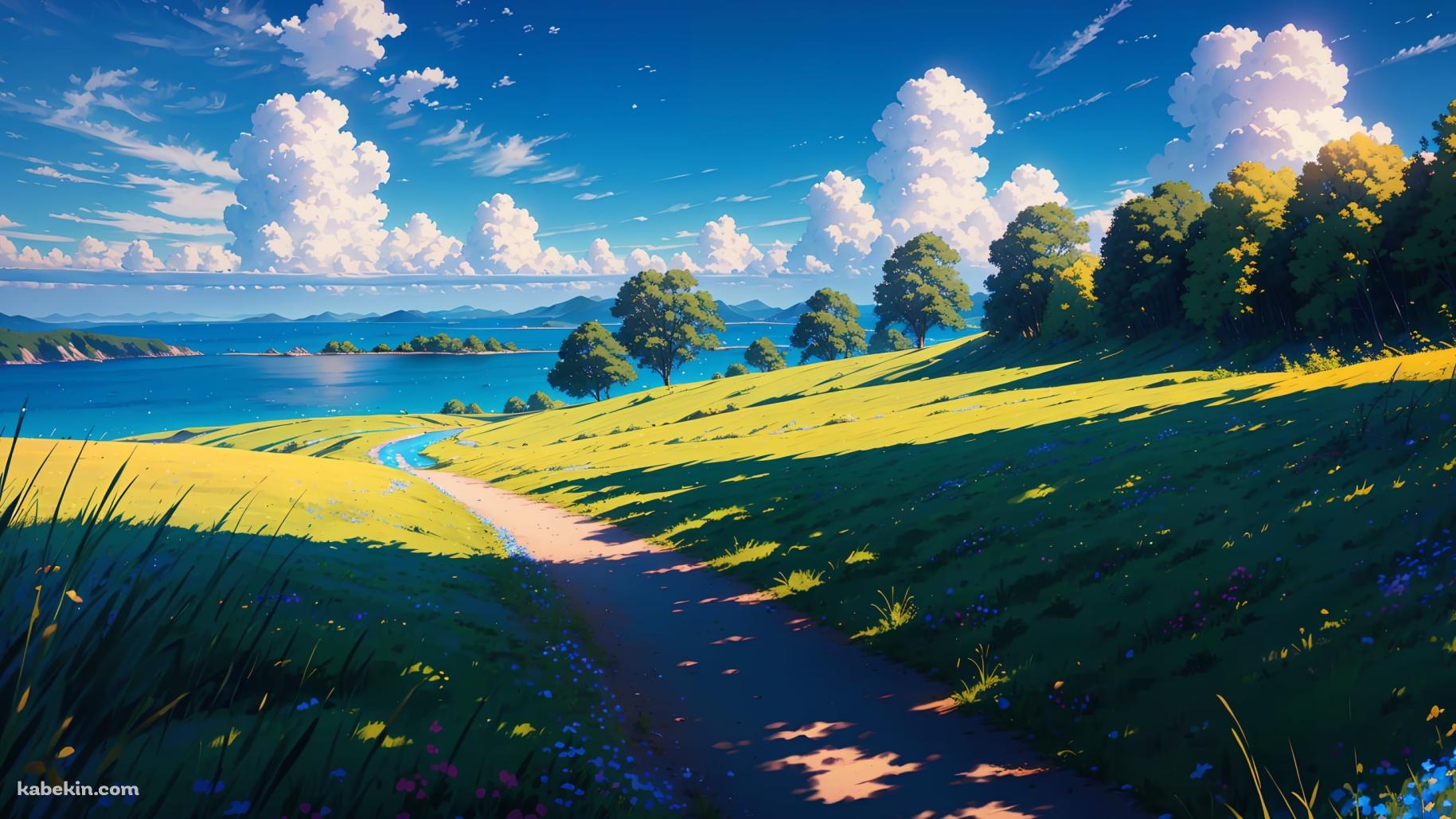 影のある湖へ続く道 / 夏の風景の壁紙(1829px x 1029px) 高画質 PC・デスクトップ用