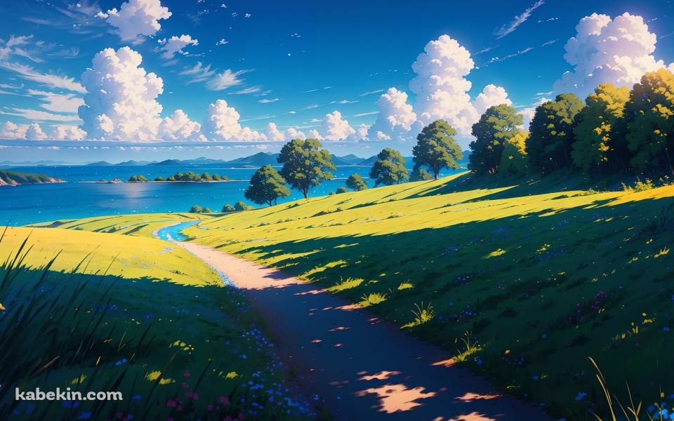 影のある湖へ続く道 / 夏の風景の壁紙(960px x 600px) 高画質 PC・デスクトップ用