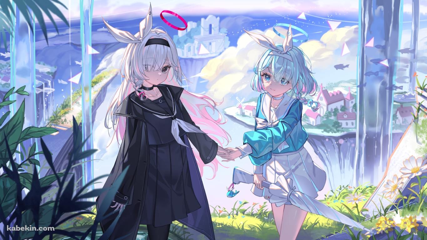 手をつなぐアロナとプラナ / ブルーアーカイブの壁紙(1366px x 768px) 高画質 PC・デスクトップ用