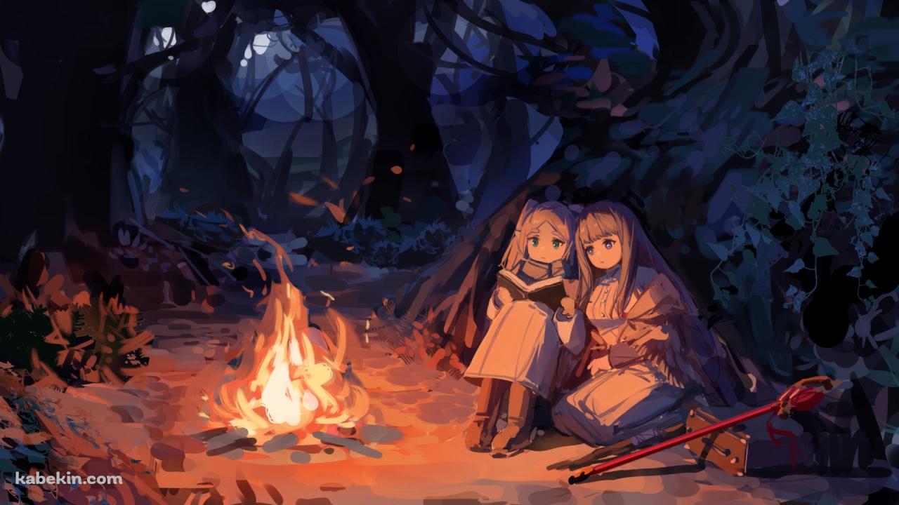 焚火の近くで魔導書を読むフリーレンとフェルン / 葬送のフリーレンの壁紙(1280px x 720px) 高画質 PC・デスクトップ用