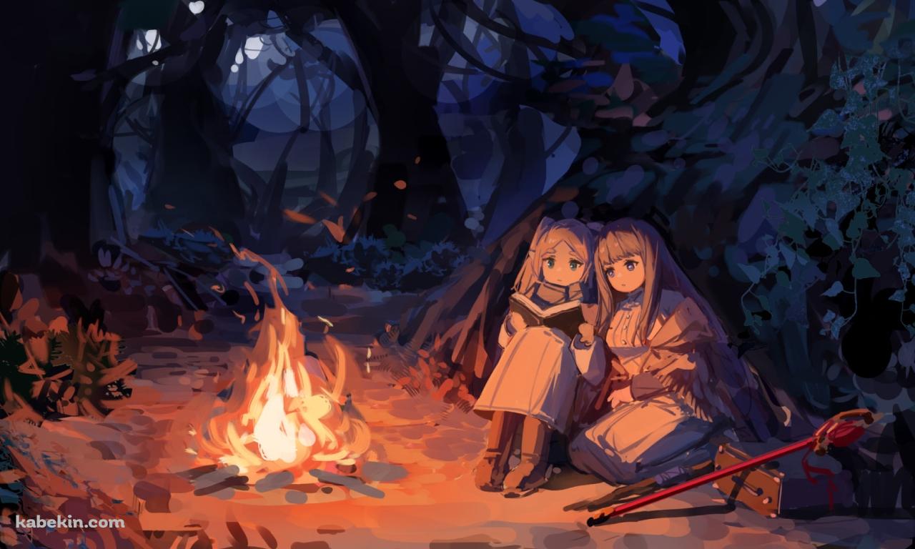 焚火の近くで魔導書を読むフリーレンとフェルン / 葬送のフリーレンの壁紙(1280px x 768px) 高画質 PC・デスクトップ用