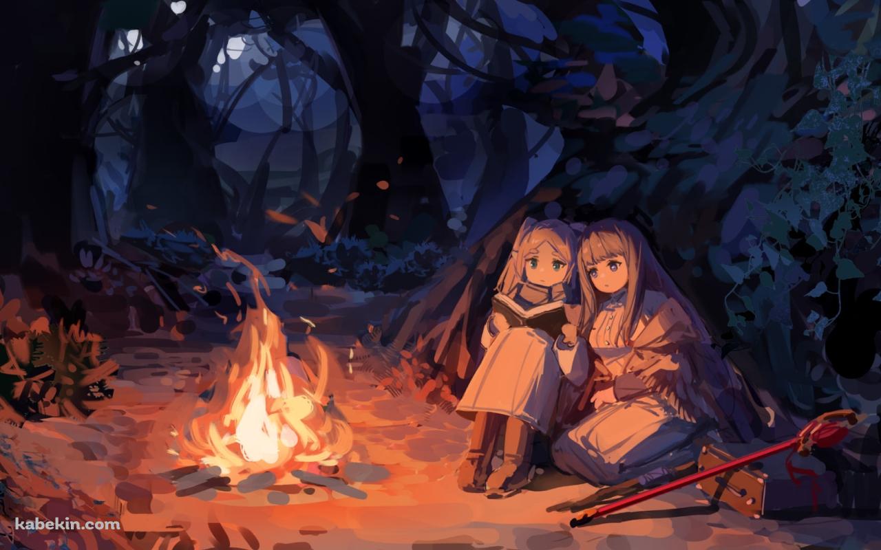 焚火の近くで魔導書を読むフリーレンとフェルン / 葬送のフリーレンの壁紙(1280px x 800px) 高画質 PC・デスクトップ用