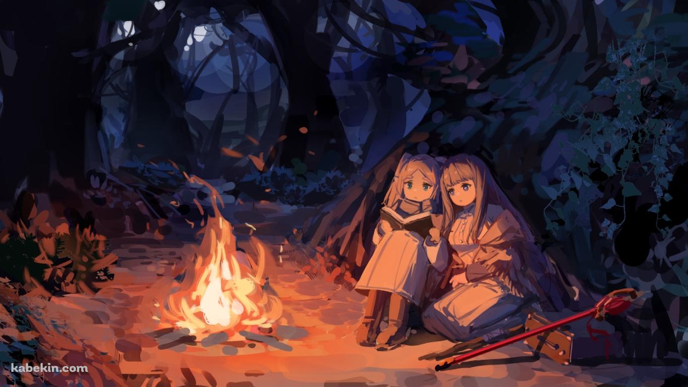 焚火の近くで魔導書を読むフリーレンとフェルン / 葬送のフリーレンの壁紙(1366px x 768px) 高画質 PC・デスクトップ用