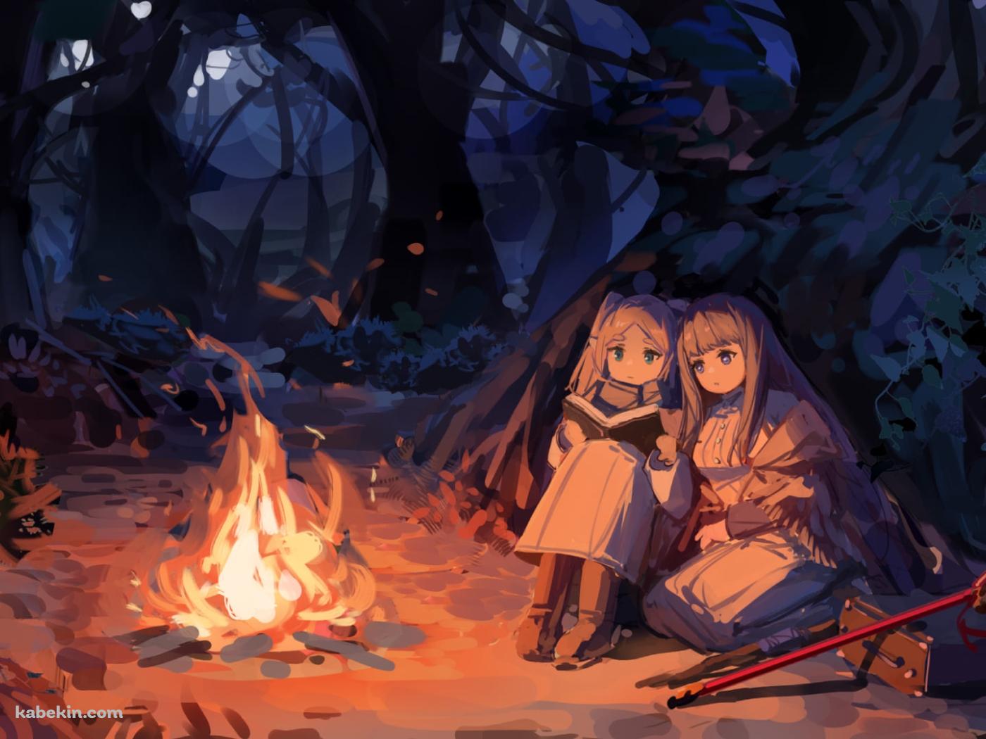 焚火の近くで魔導書を読むフリーレンとフェルン / 葬送のフリーレンの壁紙(1400px x 1050px) 高画質 PC・デスクトップ用