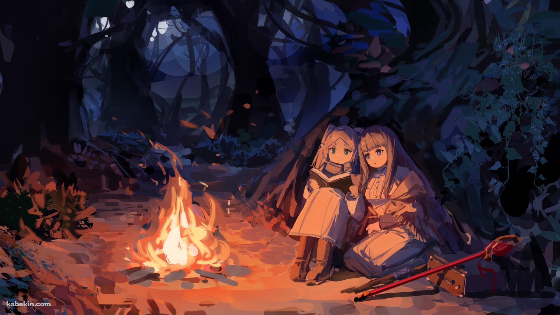 焚火の近くで魔導書を読むフリーレンとフェルン / 葬送のフリーレン(1920x1080px)のデスクトップPC用の壁紙 | 高画質 | 壁紙キングダム