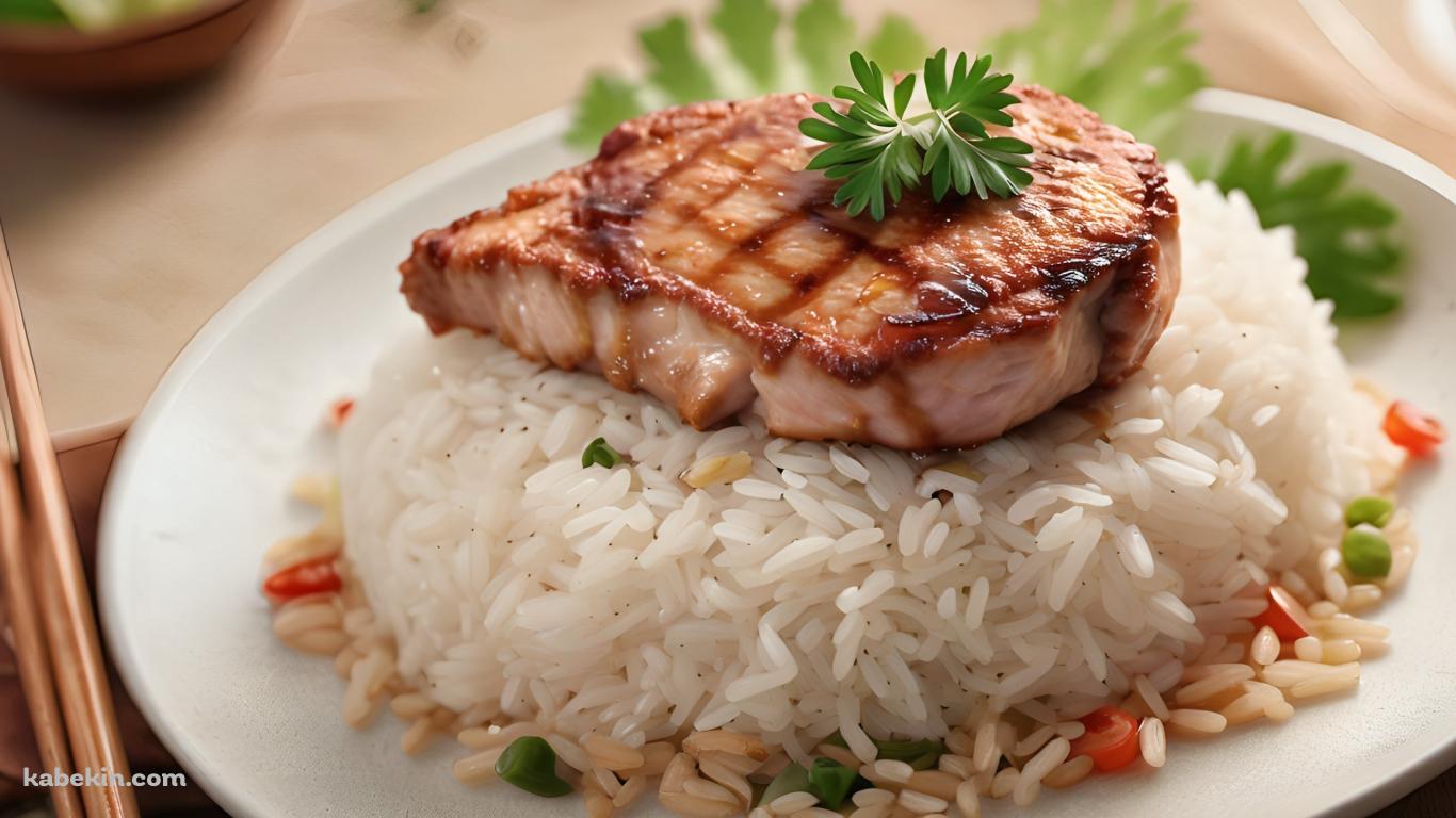 ライスの上にお肉が乗った美味しそうな料理の壁紙(1366px x 768px) 高画質 PC・デスクトップ用