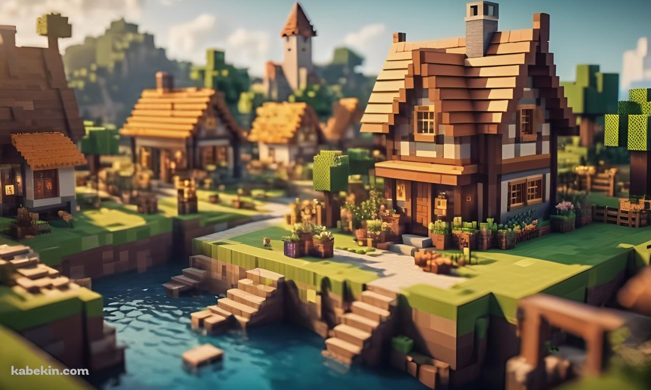 マイクラ風の可愛い川沿いの街の壁紙(1280px x 768px) 高画質 PC・デスクトップ用