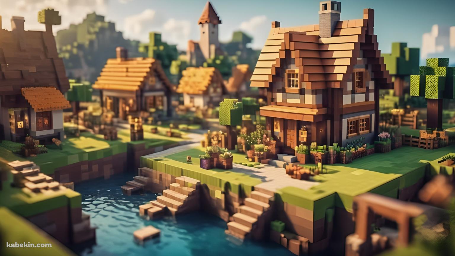 マイクラ風の可愛い川沿いの街の壁紙(1536px x 864px) 高画質 PC・デスクトップ用