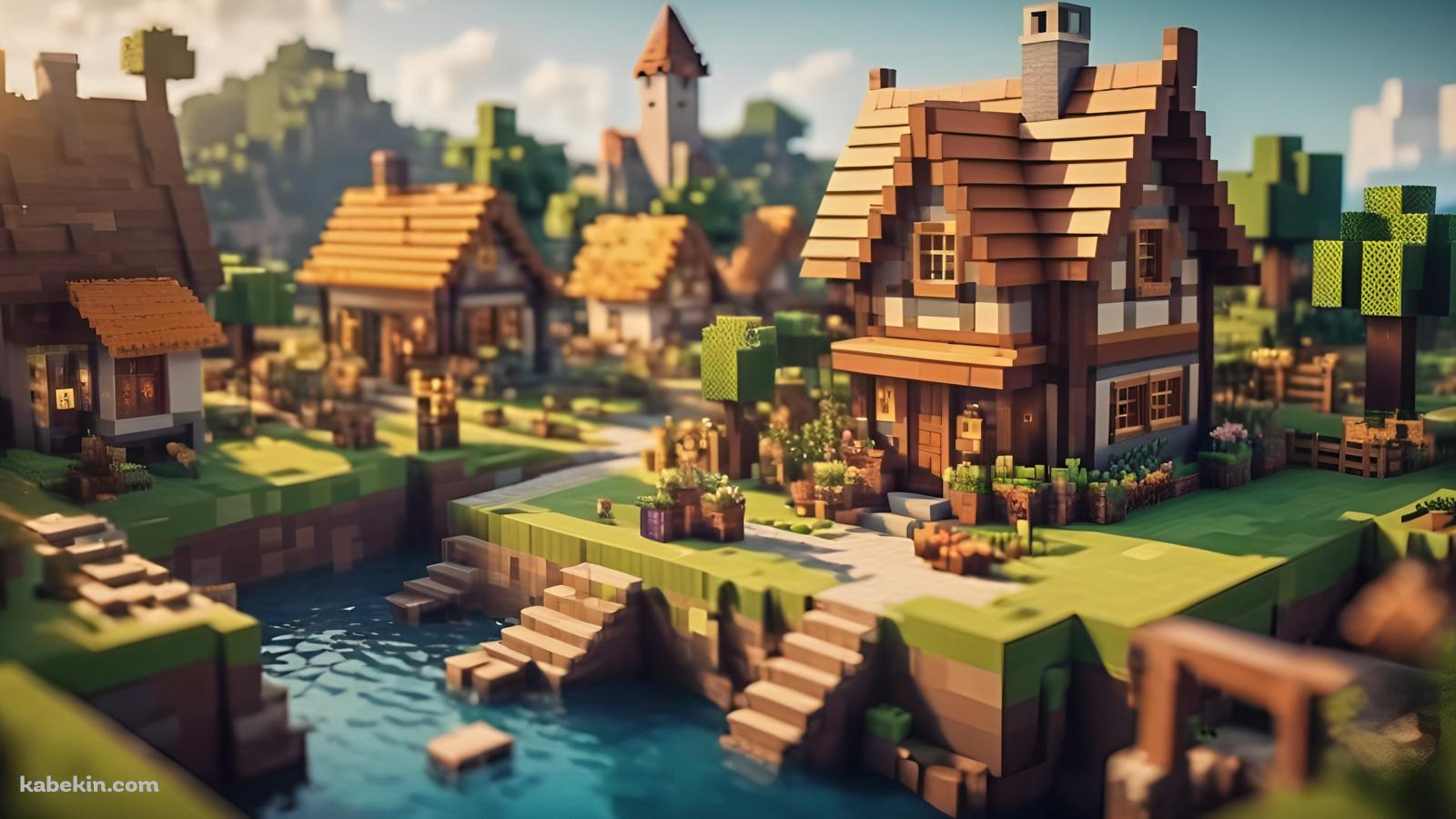 マイクラ風の可愛い川沿いの街の壁紙(1600px x 900px) 高画質 PC・デスクトップ用