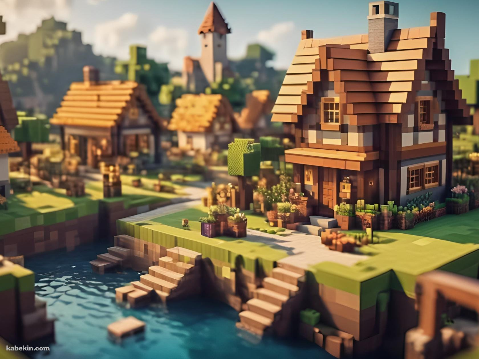 マイクラ風の可愛い川沿いの街の壁紙(1680px x 1260px) 高画質 PC・デスクトップ用