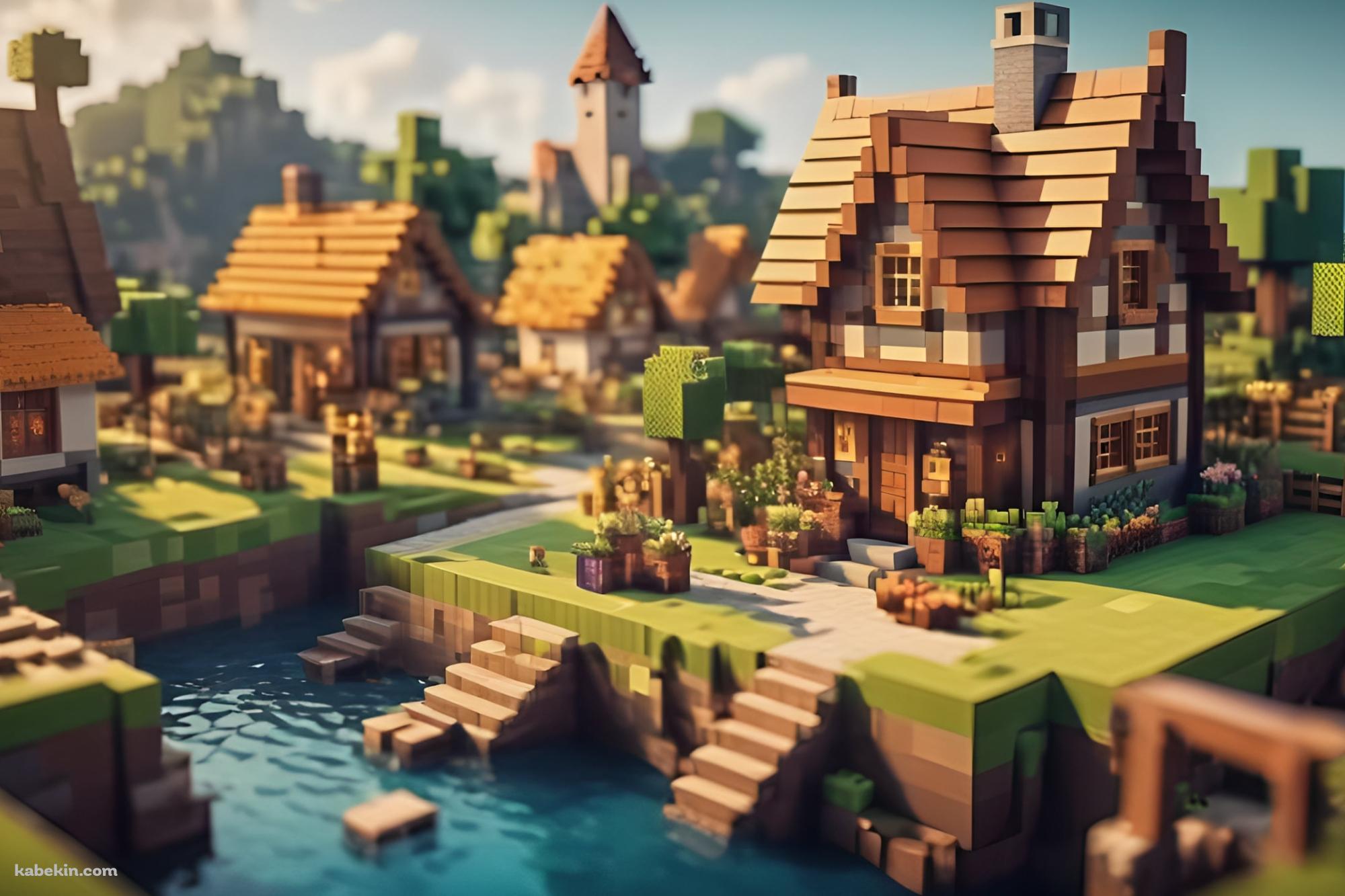 マイクラ風の可愛い川沿いの街(2000x1333px)のデスクトップPC用の壁紙 | 高画質 | 壁紙キングダム