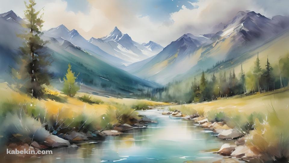 水彩で描いた川と山脈 / 田舎の風景の壁紙(960px x 540px) 高画質 PC・デスクトップ用